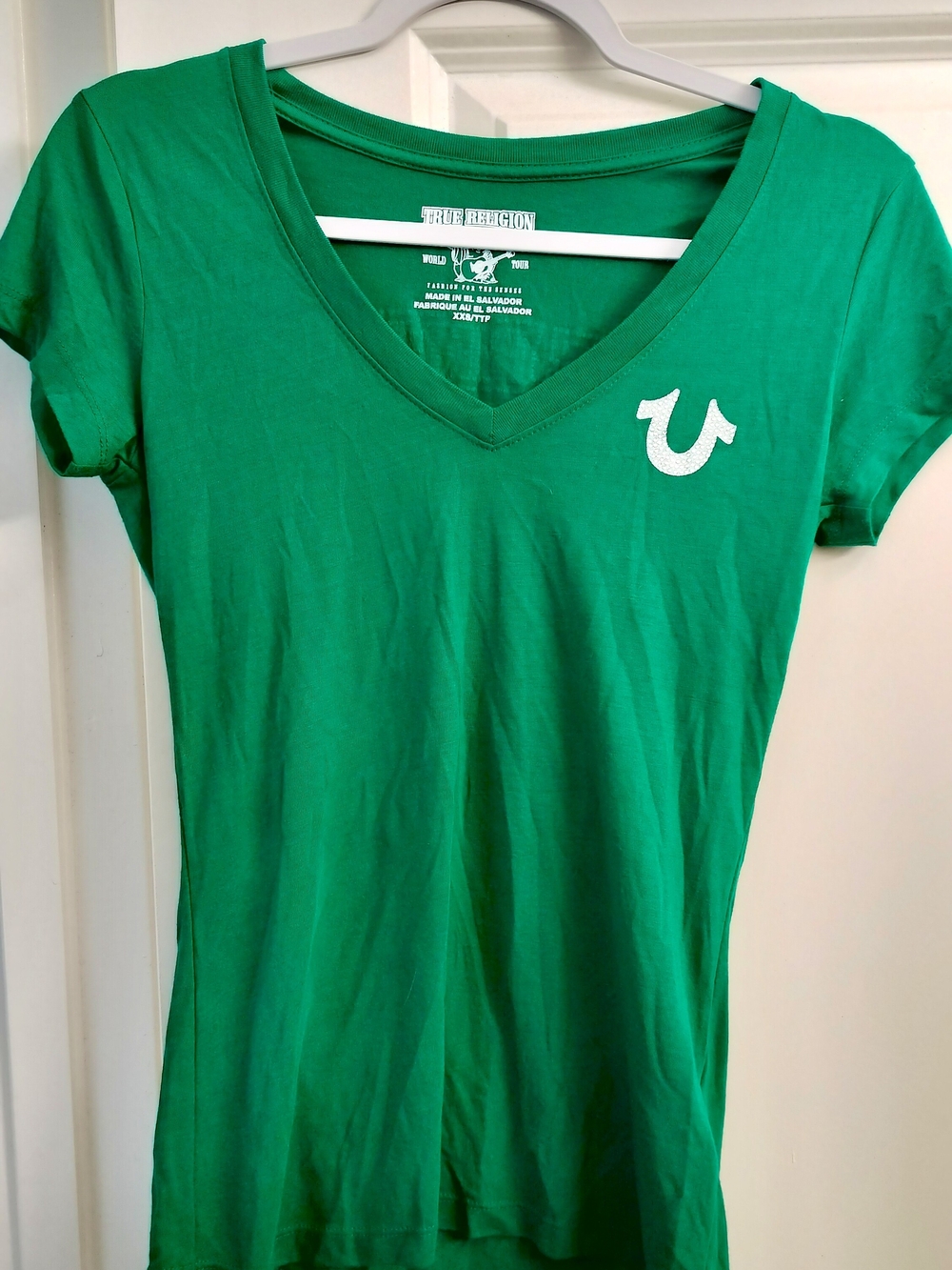 True Religion Crystal Textured Logo & Back- World Tour Women's V-Neck Tee- Green